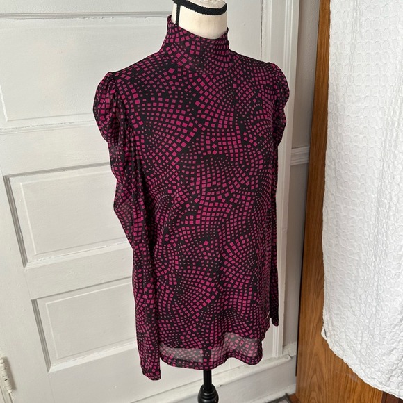 Nine West Women's Blouse Puff Sleeves Geometric Pink Print Feminine Career Y2K - Picture 12 of 17